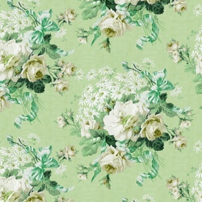 Embrace Enchanting Romance: Maximalism, Moody Florals, Vintage Roses, Daisies, Bows, Ribbons, Nostalgic Wildflowers in Antiqued Garden, Enhanced by Victorian Mystic-Inspired Powder Room Wallpaper green linen effect