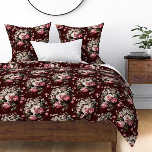 Embrace Enchanting Girlhood Romance: Maximalism, Moody Florals, Vintage Roses, Daisies, Bows, Ribbons, Nostalgic Wildflowers in Antiqued Garden, Preppy Enhanced by Victorian Mystic-Inspired Powder Room Wallpaper  dramatic dark maroon linen effect