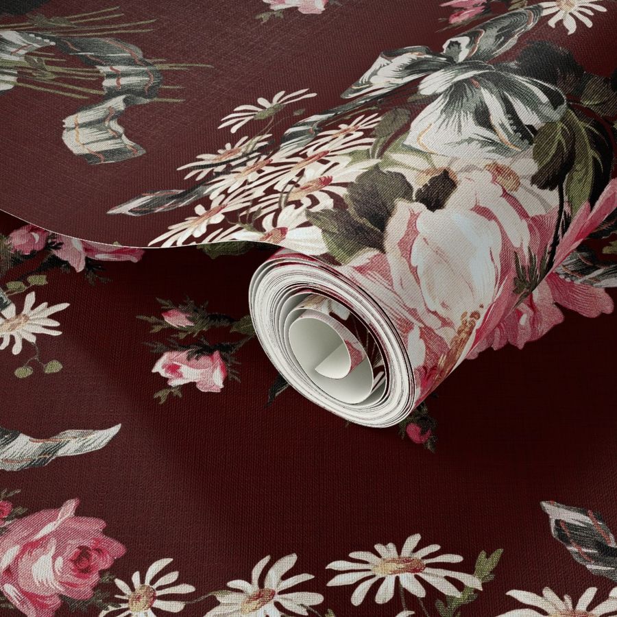 Embrace Enchanting Girlhood Romance: Maximalism, Moody Florals, Vintage Roses, Daisies, Bows, Ribbons, Nostalgic Wildflowers in Antiqued Garden, Preppy Enhanced by Victorian Mystic-Inspired Powder Room Wallpaper  dramatic dark maroon linen effect