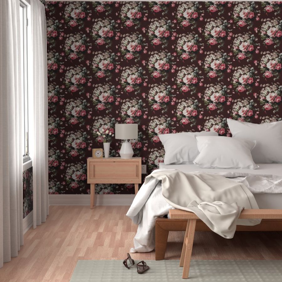 Embrace Enchanting Girlhood Romance: Maximalism, Moody Florals, Vintage Roses, Daisies, Bows, Ribbons, Nostalgic Wildflowers in Antiqued Garden, Preppy Enhanced by Victorian Mystic-Inspired Powder Room Wallpaper  dramatic dark maroon linen effect