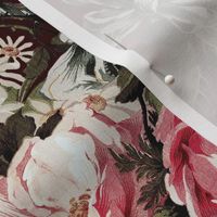 Embrace Enchanting Girlhood Romance: Maximalism, Moody Florals, Vintage Roses, Daisies, Bows, Ribbons, Nostalgic Wildflowers in Antiqued Garden, Preppy Enhanced by Victorian Mystic-Inspired Powder Room Wallpaper  dramatic dark maroon linen effect