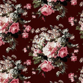 Embrace Enchanting Romance: Maximalism, Moody Florals, Vintage Roses, Daisies, Bows, Ribbons, Nostalgic Wildflowers in Antiqued Garden, Enhanced by Victorian Mystic-Inspired Powder Room Wallpaper dark maroon linen effect