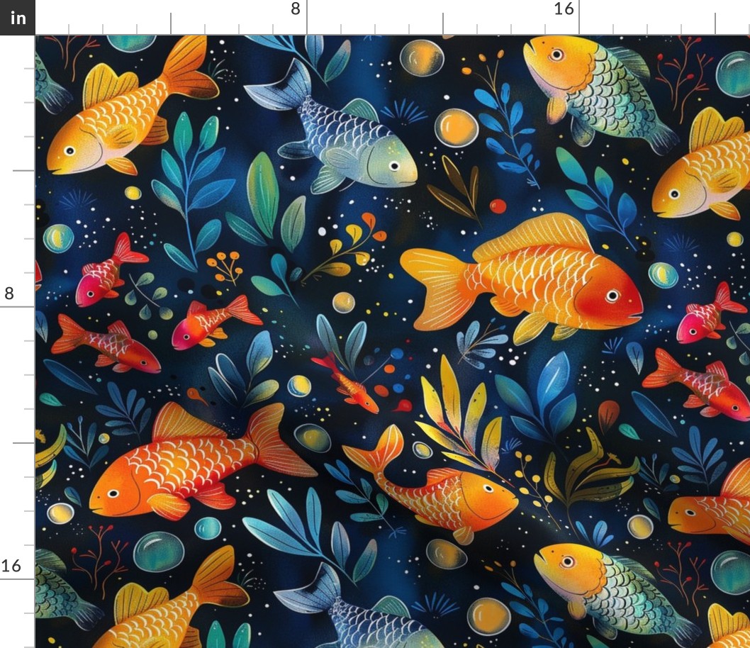 Large Scale Goldfish Pond with Colorful Red Orange Yellow Blue Fish