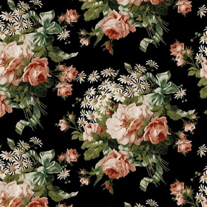 Embrace Enchanting Romance: Maximalism, Moody Florals, Vintage Roses, Daisies, Bows, Ribbons, Nostalgic Wildflowers in Antiqued Garden, Enhanced by Victorian Mystic-Inspired Powder Room Wallpaper black linen effect