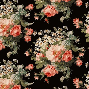 Embrace Enchanting Romance: Maximalism, Moody Florals, Vintage Roses, Daisies, Bows, Ribbons, Nostalgic Wildflowers in Antiqued Garden, Enhanced by Victorian Mystic-Inspired Powder Room Wallpaper black colorful linen effect