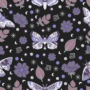 Celestial Cottagecore Moths and Daisies - Charcoal, Lavender and Taupe Colorway