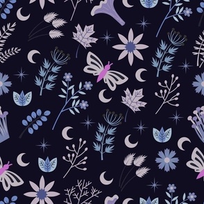 Celestial Cottagecore, Moths, Flowers, Leaves, Plants, Mushrooms, and Moons - Navy Colorway