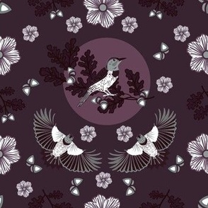 Cottagecore Country Birds, Oak Leaves, Acorns, and Daisies - Plum and Gray Colorway