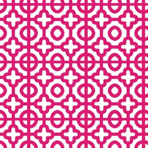 moroccan quatrefoil tiles in  white and deep pink 