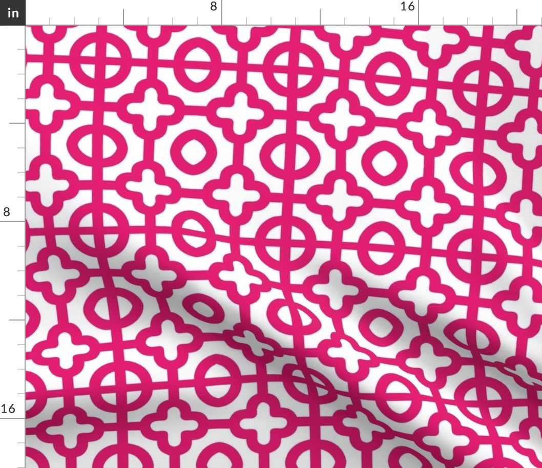 moroccan quatrefoil tiles in  white and deep pink 