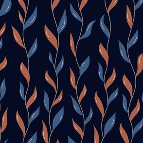 Pattern with vertical branches with leaves on the dark blue background