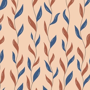 Pattern with vertical branches with leaves on the nude background