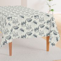 Outdoorsy Wilderness Toile de Jouy // Medium Scale // Vintage Illustrative Style Pattern in Classic Slate Blue and Creamy White Colors