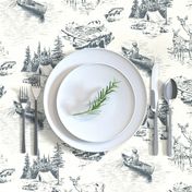 Outdoorsy Wilderness Toile de Jouy // Medium Scale // Vintage Illustrative Style Pattern in Classic Slate Blue and Creamy White Colors