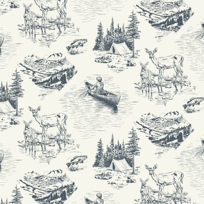 Outdoorsy Wilderness Toile de Jouy // Medium Scale // Vintage Illustrative Style Pattern in Classic Slate Blue and Creamy White Colors