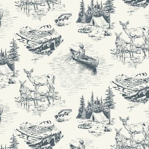 Outdoorsy Wilderness Toile de Jouy // Small Scale // Vintage Illustrative Style Pattern in Classic Slate Blue and Creamy White Colors