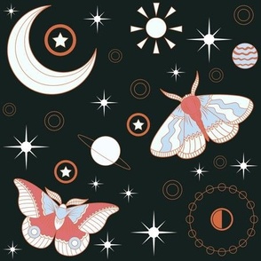 Mystical Planetary Moths With Stars and Astrological Motifs -  Black Colorway