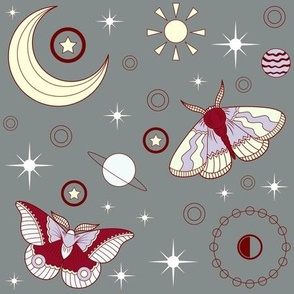 Mystical Planetary Moths With Stars and Astrological Motifs -  Gray Colorway
