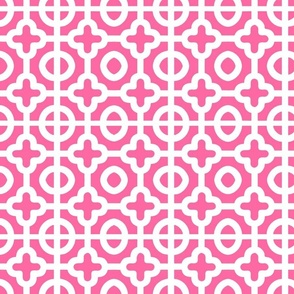 moroccan quatrefoil tiles in  lipstick pink and white