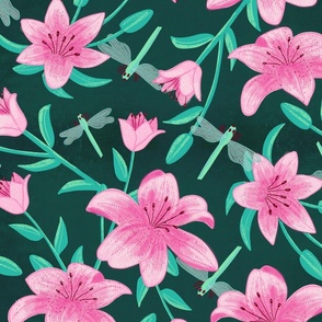 big// Painted lillies with leaves and dragonflies Dark Green