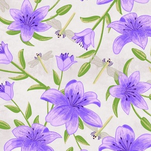 big// Painted lillies with leaves and dragonflies Violet and Green