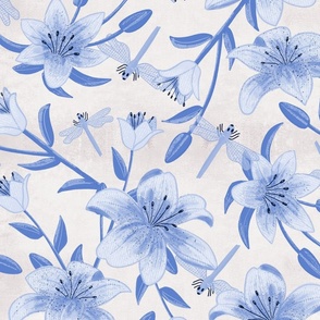 big// Painted lillies with leaves and dragonflies Indigo Blue