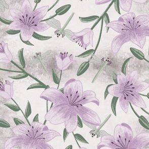 big// Painted lillies with leaves and dragonflies Faded Lilac