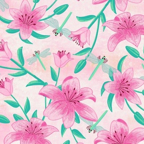 big// Painted lillies with leaves and dragonflies Pink original