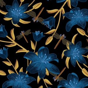 big// Painted lillies with leaves and dragonflies Midnight Blue