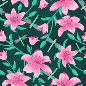small// Painted lillies with leaves and dragonflies Dark Green