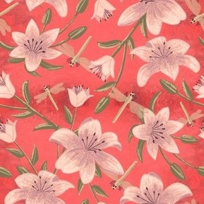 small// Painted lillies with leaves and dragonflies Coral red