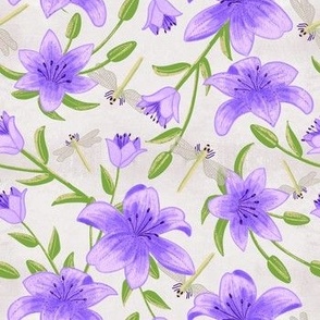 small// Painted lillies with leaves and dragonflies Violet and Green