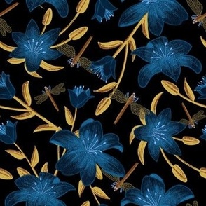 small// Painted lillies with leaves and dragonflies Midnight Blue