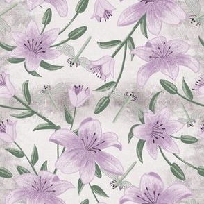 small// Painted lillies with leaves and dragonflies Faded Lilac