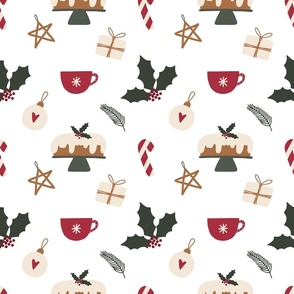 Christmas pattern with cake, tree, ball, cup, mistletoe, snowflake, gift, branch, сandy, star