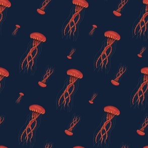 Seamless pattern with red jellyfishes on the blue background