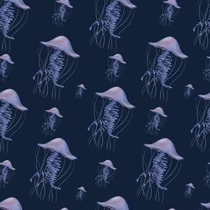 Seamless pattern with violet jellyfishes on the dark background