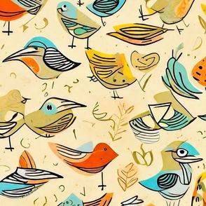 cute abstract birds on beige background L