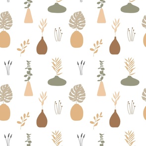 Pattern with minimalistic tropical exotic palm leaves and different vases