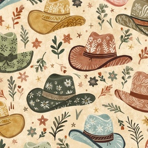 Whimsical wild west - Bohemian cowgirl floral hats in beige  - Large  - boho western cowboy hat  - bedding, wallpaper, home decor