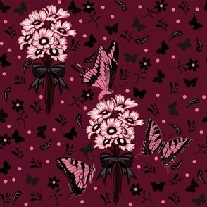 Gothic Butterflies and Daisy Bouquets - Maroon Colorway