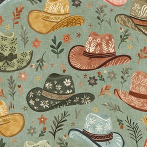 Whimsical wild west - Bohemian cowgirl floral hats in sage green plaid - Large  - boho western cowboy hat  - bedding, wallpaper, home decor
