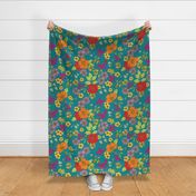 Alpine Wildflower Floral Turquoise Blue Large Scale
