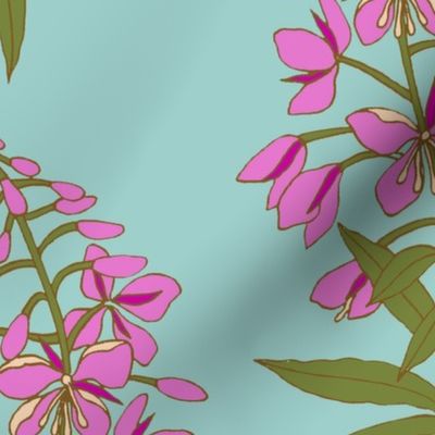 Fireweed Wildflower Floral Pink and Light Blue Large Scale
