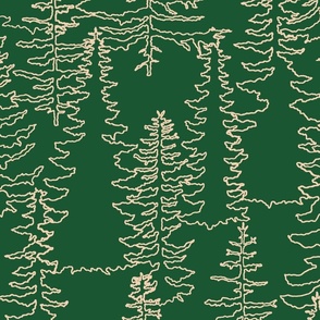 Alpine Trees Cabin Forest Dark Green and Cream Large Scale