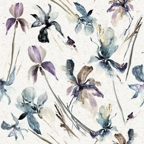 Medium Whimsical Soft Orchid Flowers / Iris / Purple Blue Brown / Watercolor