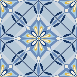 ( L ) blue and yellow geometric tiles 