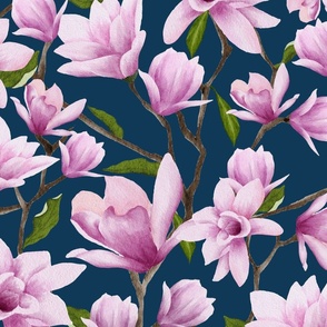 Dreamy Pink Lily Magnolia Blossoms on a Dark Blue Teal Background