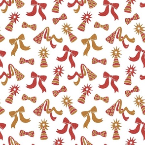 Scattered Party Hats & Bows Medium Scale - Red, Gold, White