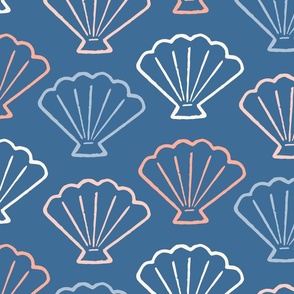 Sea Scallop Shell Line Art in Pink_ White and Blue on Dark Blue (Large)